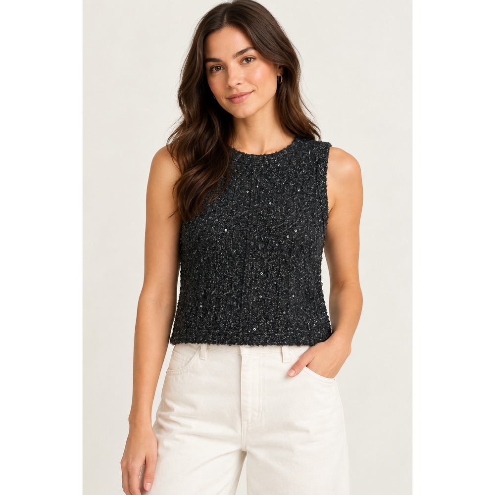 Only Hearts Helena Stuart Sequin Knit Sleeveless Top Black Small